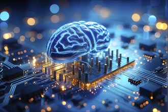 Human brain intricately interlinked with the circuits of a computer board symbolizing artificial