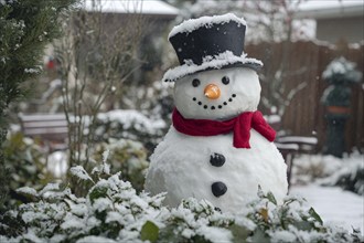 Snowman with carrot nose, scarf and top hat in garden covered in snow in winter. Generative Ai, AI