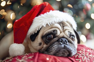 Cute Pug dog with red santa hat in front of blurry christmas tree Generative Ai, AI generated