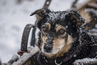 Close up of dog in sleigh in snow. Generative Ai, AI generated