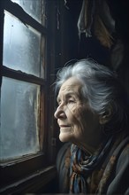 Elderly old woman lost in the realm looking out of a weathered window as symbol for loneliness, AI