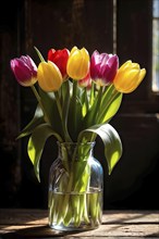 Vase of vibrant tulips aligned on an aged oak wood table, AI generated