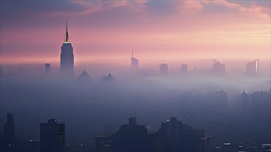 Cityscape emerging from a dense enveloping fog and skyscrapers piercing the haze, AI generated