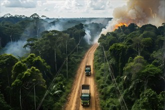 Trucks loaded with freshly cut timber wind through the narrow paths of the diminishing amazon