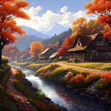 Pixel art style illustration of a cozy village in the ambience of autumn season, AI generated