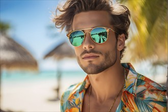 Portrait of a young man with modern vibrant sunglasses with sandy beach in background, AI generated