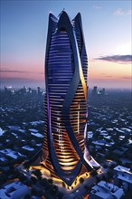 Futuristic skyscraper with termite mounds for natural ventilation and energy efficiency, AI