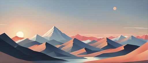 Minimalist landscape with stylized mountains and a setting sun, represented by simple geometric