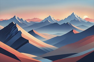 Minimalist landscape with stylized mountains and a setting sun, represented by simple geometric