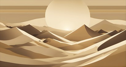 Abstract desert scene with triangular sand dunes and a single circular sun, using sharp lines and