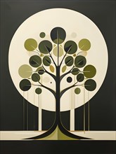 Abstract geometric tree with a circular canopy and a rectangular trunk, arranged in a clean,