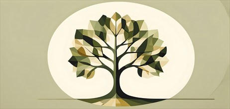 Abstract geometric tree with a circular canopy and a rectangular trunk, arranged in a clean,