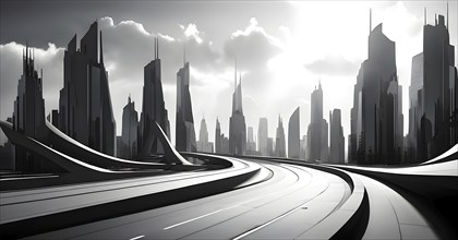 Modern city skyline using clean lines and geometric forms, with rectangular buildings and smooth,