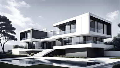 Rendering of a modern real estate residential house in clean geometric forms in black and white, AI