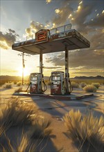 Abandoned retro gas station in the middle of a desert at sundown, with rusted gas pumps and an old