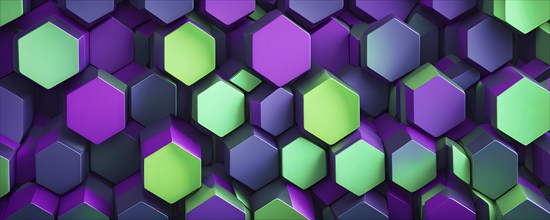 Abstract composition of interlocking green and purple hexagons, AI generated