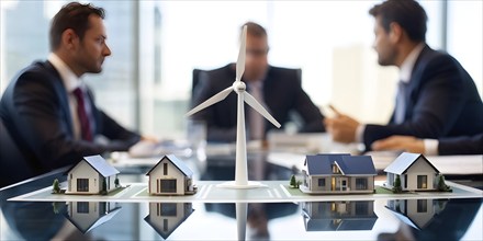 Business professionals engaged with a scale model of a wind turbine adjacent to miniature houses,