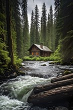 Rustic log cabin nestled in a dense evergreen forest with a river with whitewater in the