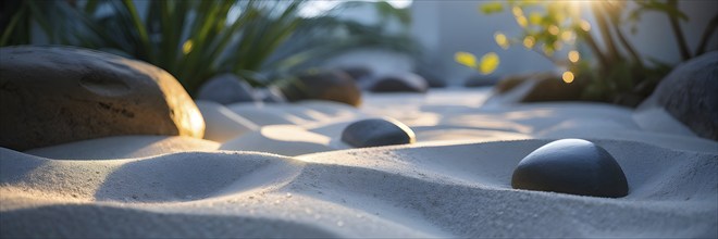 Zen garden bathed in the soft glow of dawn as a serene symbol for relaxation, AI generated