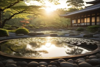 Zen garden bathed in the soft glow of dawn as a serene symbol for relaxation, AI generated