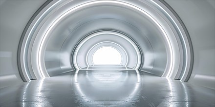 Futuristic long white hallway with arch. Generative AI, AI generated