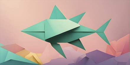 Abstract origami fish wallpaper illustration, AI generated