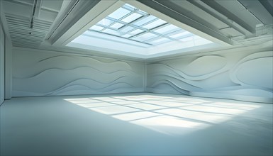 Three dimensional rendering of a futuristic empty room with skylights, AI generated