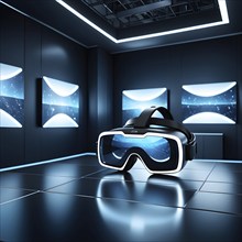 Three dimensional render of virtual reality glasses in a digital room, AI generated