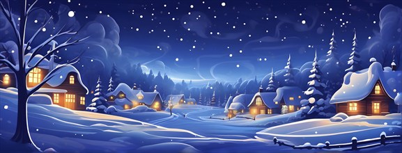 Cozy winter night scene with abstract forms representing a snow-covered village, AI generated