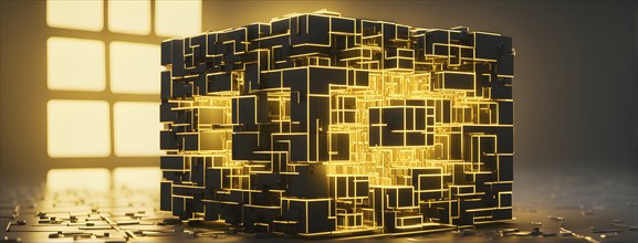 Three dimensional render of a yellow glowing blockchain cube, AI generated