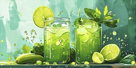 Abstract wallpaper composition with bottle of delicious green detox juice and fruits and