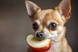 Small Chihuahua dog holding slice of apple in mouth. Generative Ai, AI generated