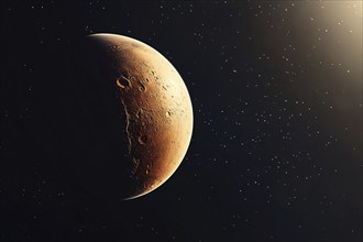 Red planet Mars in black sky with stars. Generative Ai, AI generated