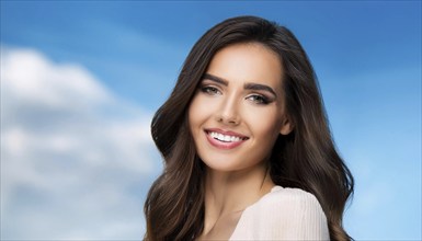 An attractive brunette woman around 30 years old, make up, studio, AI generated