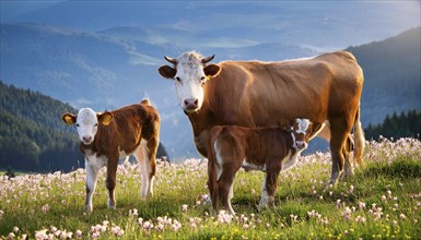 A brown cow and two calves on an alpine meadow, Studio, KI generated, AI generated