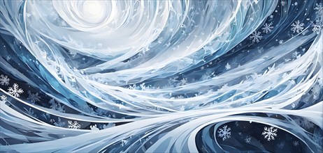 Abstract illustration of dreamy, icy landscape with swirling blues, whites, and silvers, evoking