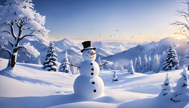 Abstract illustration of a snowman in an idyllic snowy winter landscape, hills and mountains and