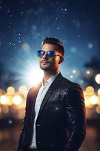 Man with sun glasses standing against sparkling bokeh lights at night, AI generated