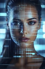 3d digital facial recognition displaying a female face with overlaid ai biometric data, AI