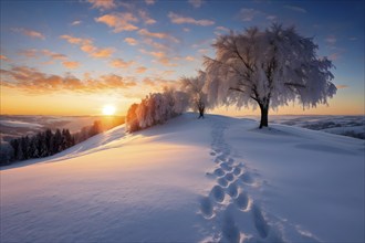 Footprints in fresh snow on a hill with a row of trees in winter in golden sunrise light, AI