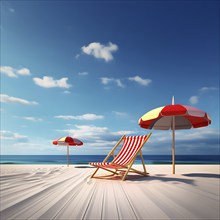 Three dimensional render of deck chair and beach umbrellas on deserted beach in summer, AI