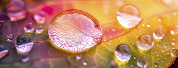 Water droplets on vibrant colored autumn leaves, AI generated