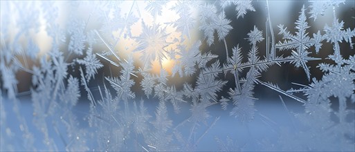 Detailed close-up of frost patterns on a glass window, AI generated