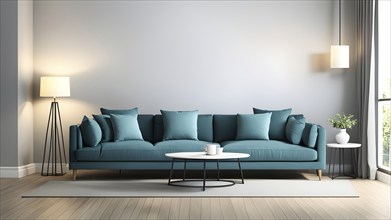 3d rendering of a couch with cushions and a floor lamp, AI generated