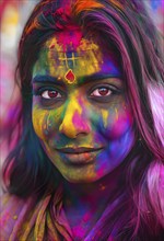 Indian woman colored face portrait during Holi Hindu festival, AI generated