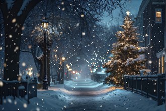 Christmas Eve with snowflakes fall under the light of a streetlamp with a decorated tree in the