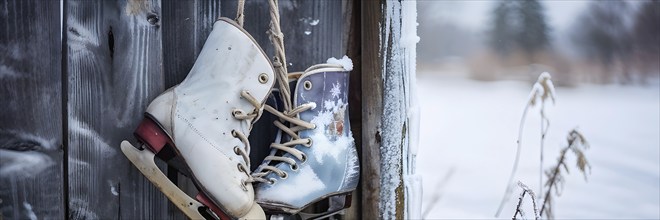 Pair of vintage ice skates hanging by their laces on an old wooden fence with frost and snow gently