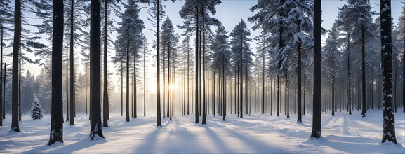 Peaceful snowy forest clearing at dawn with snow softly blanketing the ground and frost-covered