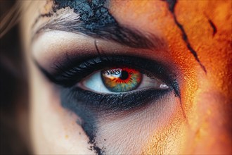 Woman's phoenix costumethemed Halloween eye makeup with contact lenses. Generative Ai, AI generated