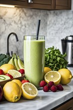 Smoothie surrounded by an assortment of fruits and vegetables, AI generated